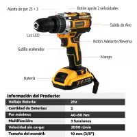 Atornillador inalámbrico de bateria 21V Linea Hd; 2 baterías de litio; 1350rpm; 3 funciones y 2 velocidades. Herramienta. - details 0