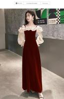 Vestido De Noche Elegante Para Mujer Con Volantes Y Patchwork Manga Larga Hombro Descubierto A-line Con Abertura Alta Vestido De Boda Y Fiesta - details 5