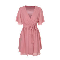Vestido De Mujer En Chiffon Blanco Para Verano 2024 Cuello V Manga Corta Ajustado Estilo Coreano Vintage Longitud De Pierna Vestido Formal - details 7