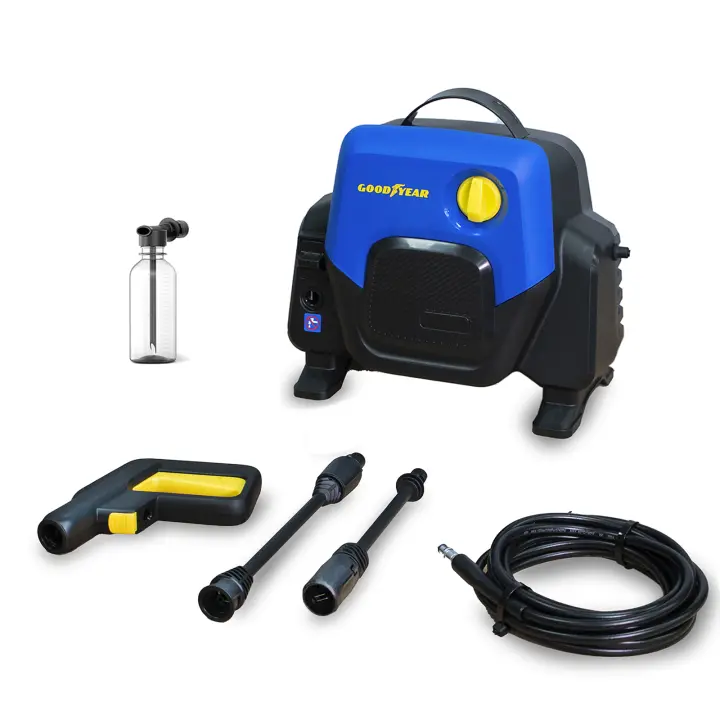 Goodyear - Hidrolimpiadora 1400W Compacta 100 Bar 4.5 l/min. Pistola y Lanza Turbo. Enrollador de Manguera Azul. Sistema Auto Stop. Depósito de detergente 200ml - 1