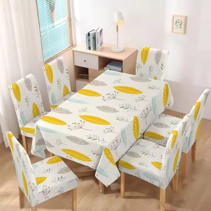 Juego de Mantal y Funda de Silla, Mantel de Mesa Rectangulo , 4/6 Fundas para Silla con Elastico, 100% Poliester, Estampado Moderno. - 1