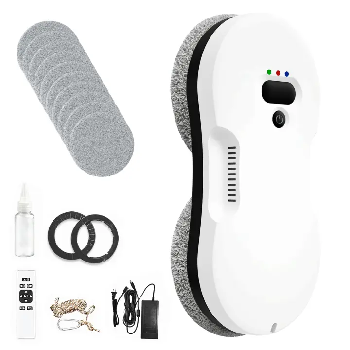 Robot limpiador de ventanas automático con doble spray ABS motor sin escobillas 2800Pa gran succión 3 modos limpieza protección cortes energía 20min cuerda seguridad para vidrios altos limpiacristales eléctrico con depósito 50ml y control remoto - 1