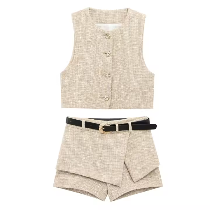 Conjunto De Vestido Y Shorts Asimétricos Para Mujer UNIZERA2025 Tweed Sin Mangas Cierre De Botones Con Cinturón Estilo Oficina Lady Verano - 1