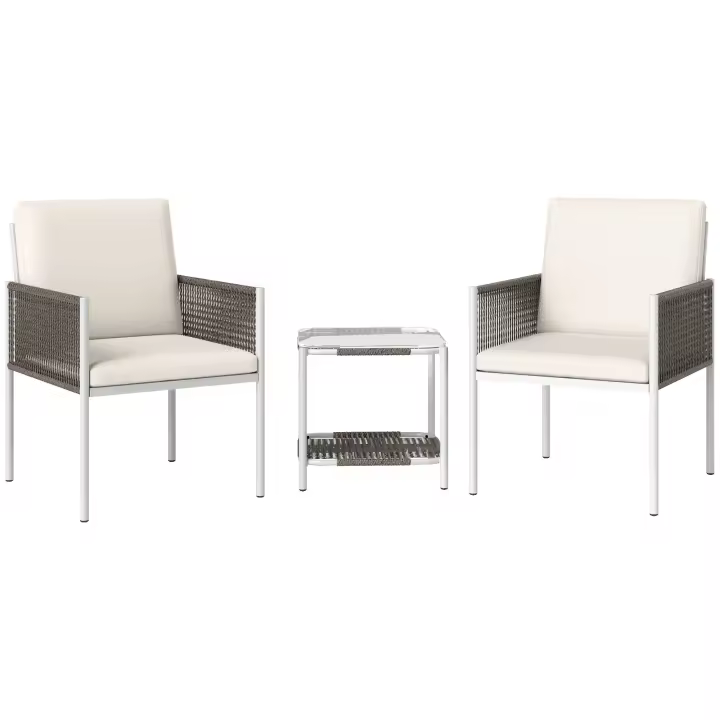 Outsunny Conjunto de Jardín Exterior de 3 Piezas Juego de 2 Sillas y Mesa de Ratán con Cojines Acolchados y Encimera de Vidrio para Balcón Terraza Marrón y Crema - 1