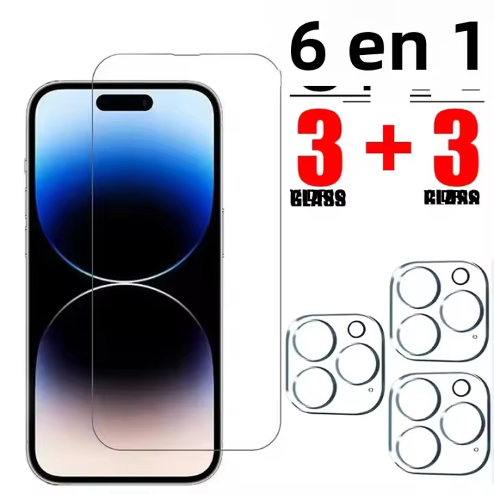 Protector De Pantalla De Vidrio Templado 6IN1 Para iPhone 14 13 12 11 15 pro Max Compatible Con iPhone 13 12 14 plus 11 12 13 14 15 pro Cámara Vidrio - 1