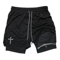 Shorts De Entrenamiento Para Hombres Con Estampado Cruzado Y Bolsillo Para Teléfono Y Anillo De Toalla Poliéster Transpirable Y Deportiva - details 12