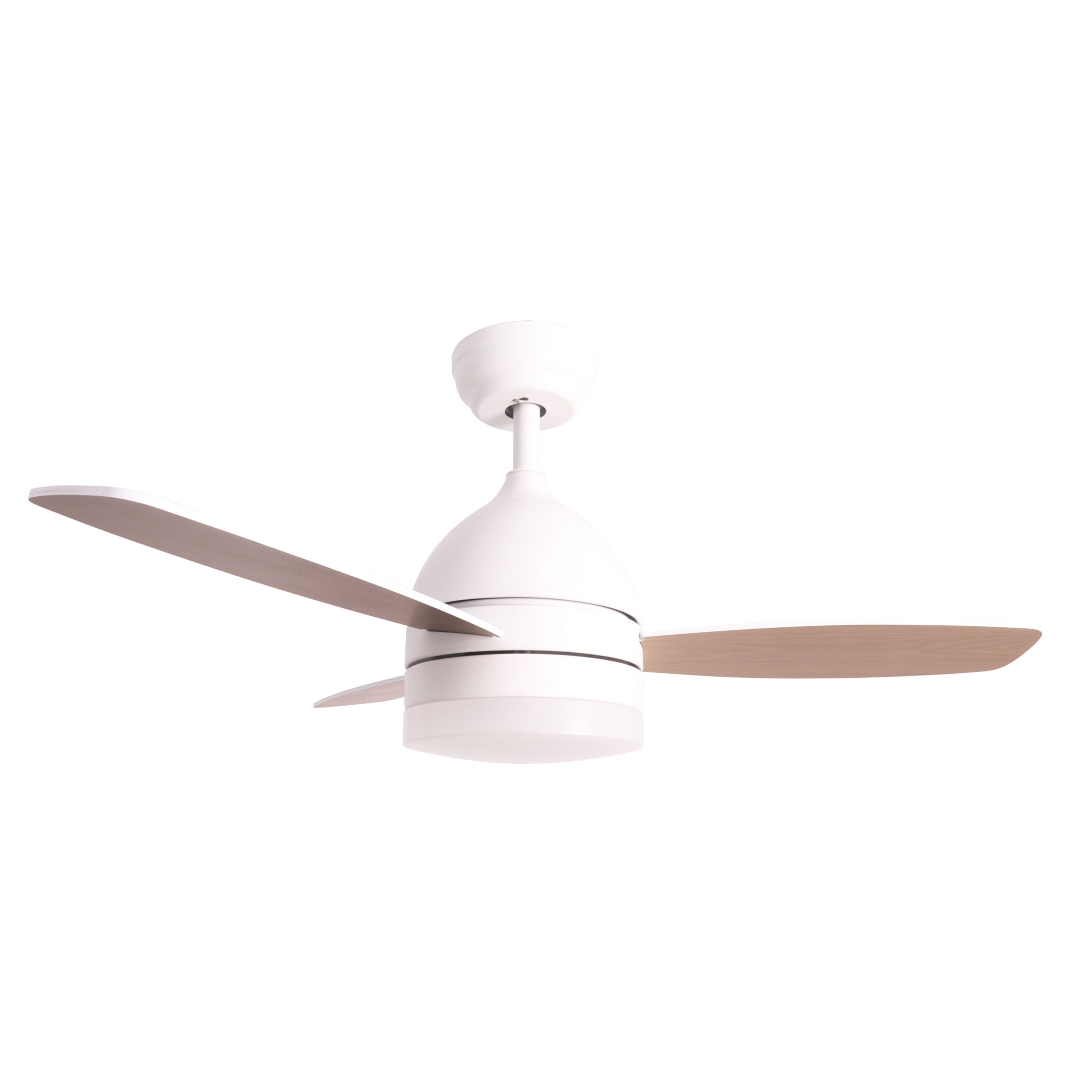 Ventilador de techo blanco Jocca con 3 elegantes aspas con acabados de madera, 3 velocidades a seleccionar, una moderna lámpara integrada con 3 intensidades de luz, temporizador, mando a distancia y 70W de potencia