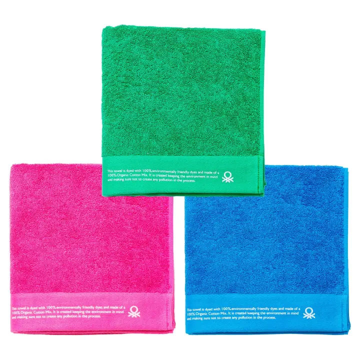 Juego de 3 toallas 50x90cm algodón orgánico 450gsm azul, rosa y verde - 1