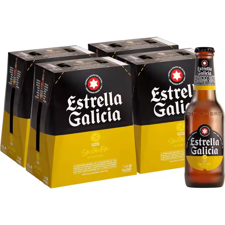 Estrella Galicia Sin Gluten - Cerveza Lager Sin Gluten, Pack de 24 Latas x 25 cl, Sabor Neutro y Ligero, Aroma a Cebada y Malta, 5,5% Volumen de Alcohol - 1