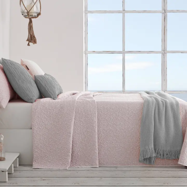 Manterol - Colcha bouti reversible estampado florecillas y rayas rosa, beige y gris. Cubrecama ideal para primavera, verano y entretiempo. Colcha fina, extra suave y ligera. - 1