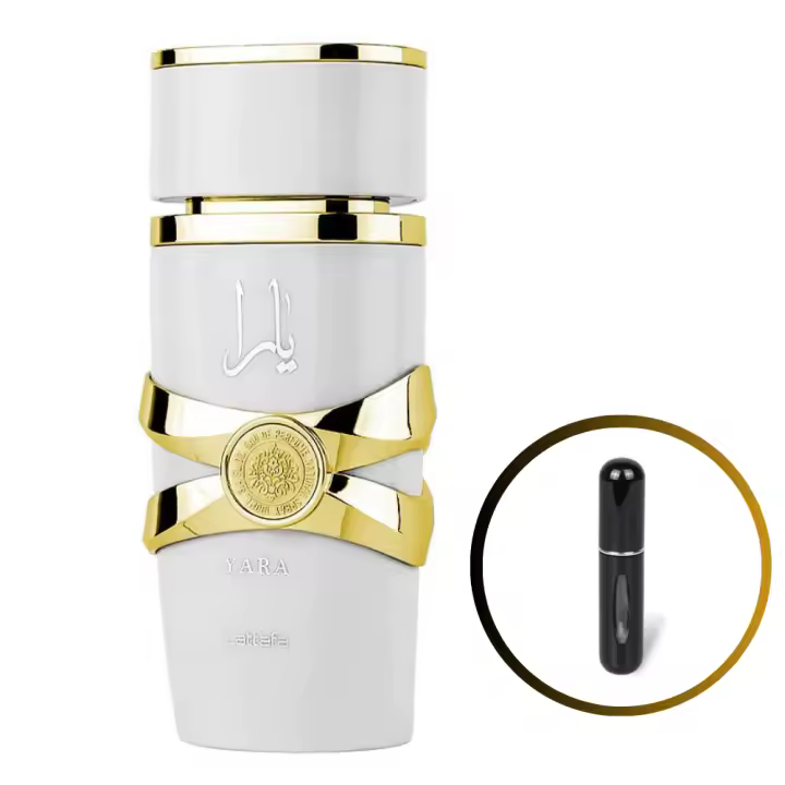 Perfume Yara Moi Lattafa 100ml para mujer +ATOMIZADOR 5ml Recargable GRATIS! Perfume Árabe Original De Dubai Emiratos Árabes, Dulce Ámbar Jazmín y Melocotón Con Caramelo Sobre Base De Sándalo - 1