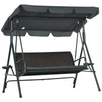Outsunny Columpio de Jardín de 3 Plazas Banco Balancín para Exterior con Toldo Ajustable Asiento de Ratán 2 Portavasos 2 Bandejas y Marco de Acero para Terraza Patio 204x112x150 cm Gris - details 0