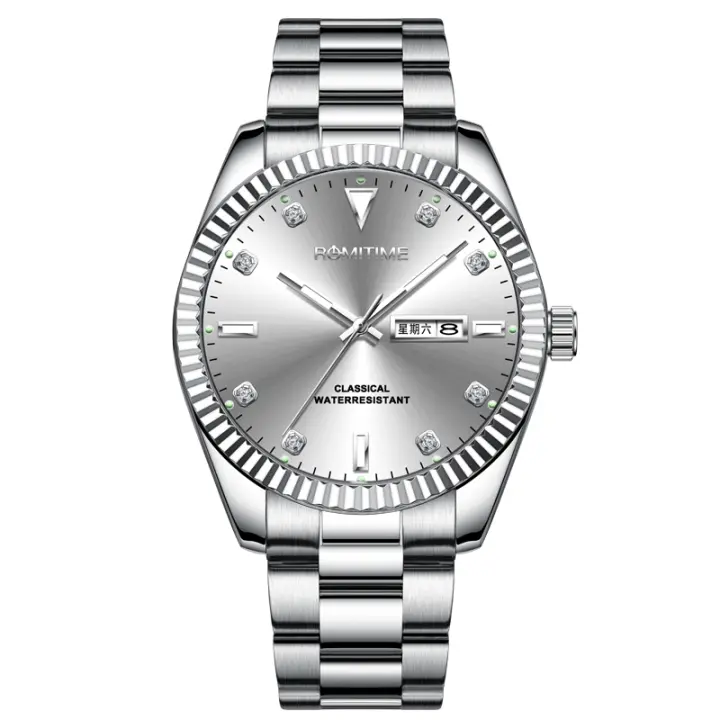 Reloj De Cuarzo Lujo Para Hombre ROMITIME Marca Original Con Dial De Diamante Y Calendario Acero Inoxidable Luminoso Resistente Al Agua - 1