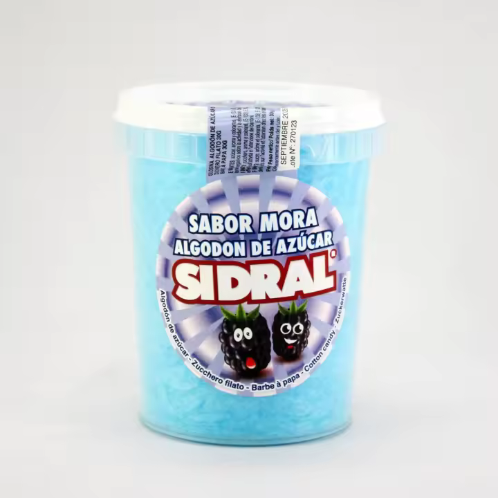 SIDRAL- Algodón de Azúcar MORA | 12 Vasos de 30 g Algodón Dulce Azul Sabor Mora - 12 Vasos de 30 g cada uno de esponjoso algodón de azúcar - 1