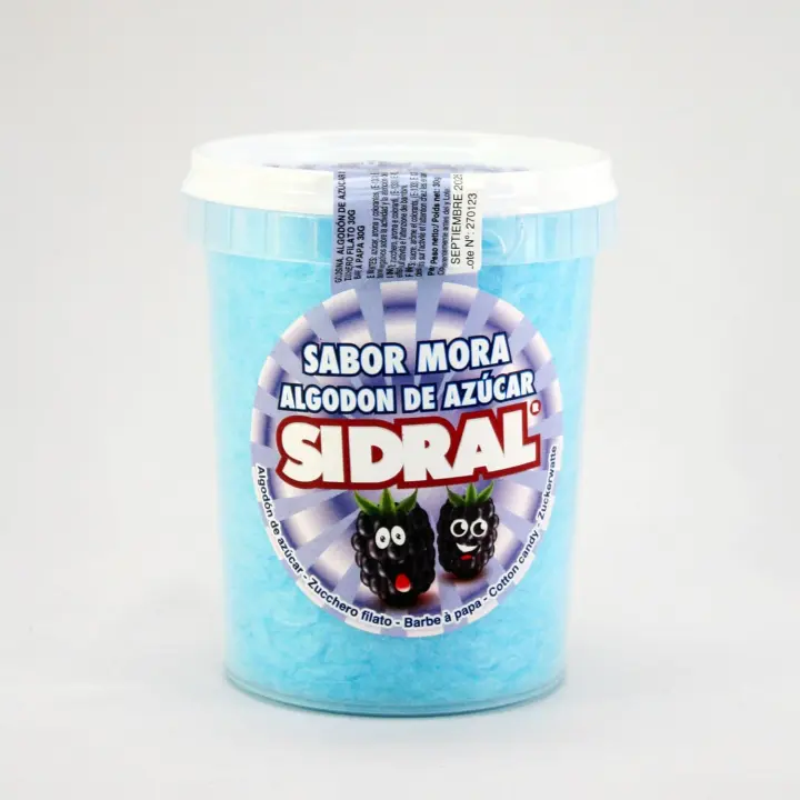SIDRAL- Algodón de Azúcar MORA | 12 Vasos de 30 g Algodón Dulce Azul Sabor Mora - 12 Vasos de 30 g cada uno de esponjoso algodón de azúcar - 1