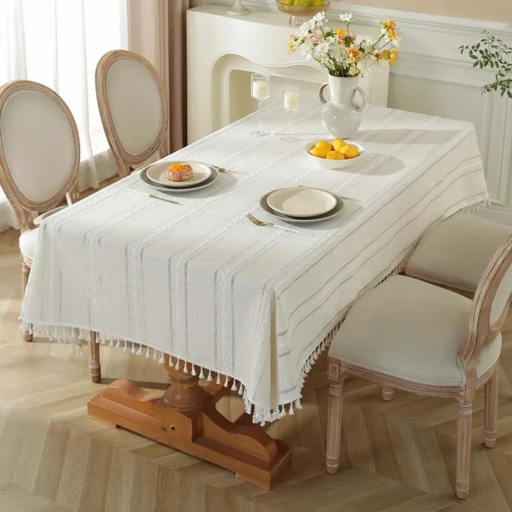 Mantel sencillo de algodón y lino, mantel de café a cuadros, mantel, mantel rectangular de encaje, blanco, 140x140cn - 1