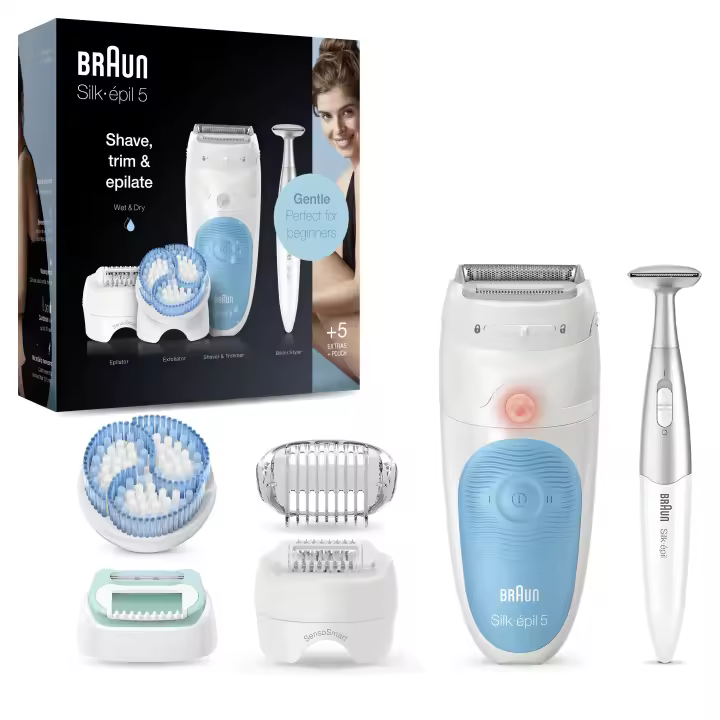 Braun Silk-épil 5 - Depiladora eléctrica mujer para una depilación suave, depilación en seco y en mojado, con capuchón para principiantes, capuchón de masaje, cabezal de recorte y rasurado, cepillo de exfoliación, perfiladora zona bikini - 1
