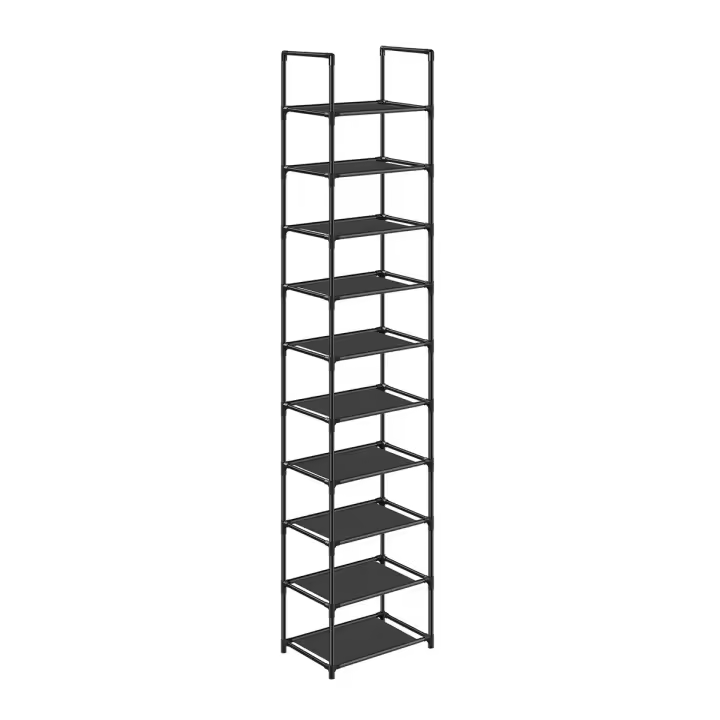 Zapatero vertical con 10 estantes, diseño estrecho de 33x33x173 cm, marco de metal y baldas de tela, ideal para pasillo y dormitorio, negro - 1