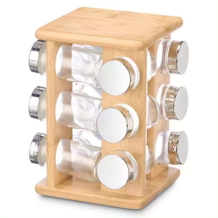 Especiero giratorio de bambu 12 botes - Organizador de Especies - Especiero de cocina - Estantes de madera ideal para el Hogar - Acero Inoxidable - Color Madera - Armario para Condimentos - 1