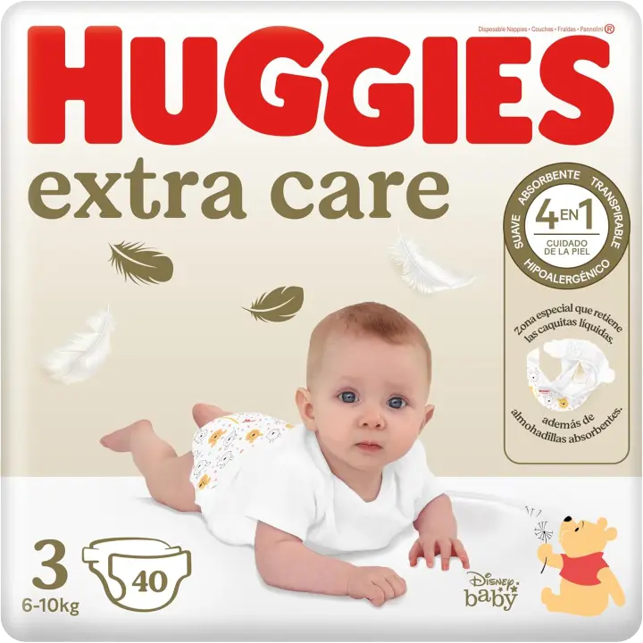 Huggies Extra Care Pañales para Bebé Talla 3 (5-9 kg) | Múltiples Packs | Pañal con diseños Disney y Almohadillas Extra Suaves que Cuidan la Piel del bebé - 1