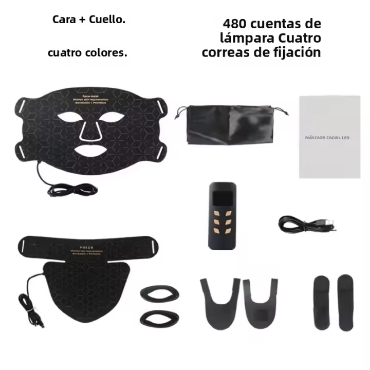 Máscara De Luz Roja LED Para Terapia De Piel Con 480 Lámparas De 4 Colores Ajustables Silicone Material Para Belleza Del Cuello Y Cuidado De La Piel - 1