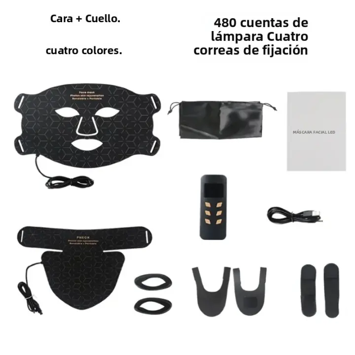 Máscara De Luz Roja LED Para Terapia De Piel Con 480 Lámparas De 4 Colores Ajustables Silicone Material Para Belleza Del Cuello Y Cuidado De La Piel - 1