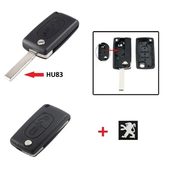 BARAC Llave Mando Carcasa de 2 Botones CE0536 HU83 Ranura para Peugeot 206 107 307 308 407 807 para llavero con insignia - 1