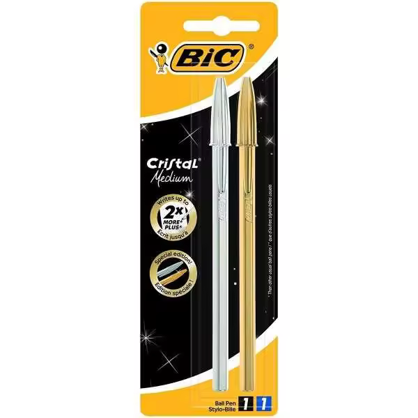 Bolígrafo BIC Cristal Shine - Pack de 2 - Punta Media 1.0mm - Tinta Base Aceite - Cuerpo Plateado y Dorado - Negro Brillante - 1