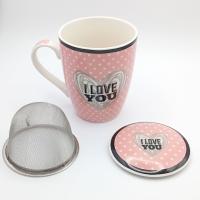 Taza infusión de cerámica Kozina con filtro de acero inoxidable rosa con lunares blancos y la frase "I LOVE YOU" 300 ml con tapa para mantener la temperatura - ideal para regalo no solo es una pieza decorativa sino un utensilio práctico para el día a día - details 2