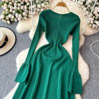 Vestido Largo Elegante Para Mujer Con Mangas Flared Y Volantes Cuello V Solido Bodycon Para Fiesta Y Oficina Polyester Mid-Calf - details 14