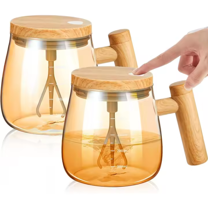 2 Tajas de café de Vidrio con tapa y ASA, mezcladoras automáticas Eléctricas, Taza mezclla giratoria, funciona con Pilas, 400 ml (Oro champán) - 1