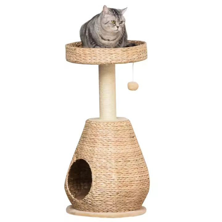 PawHut Árbol rascador para gatos, muebles para gatitos con bola cueva para gatos, juguete de sisal, felpa suave, altura 82,5 cm, amarillo - 1