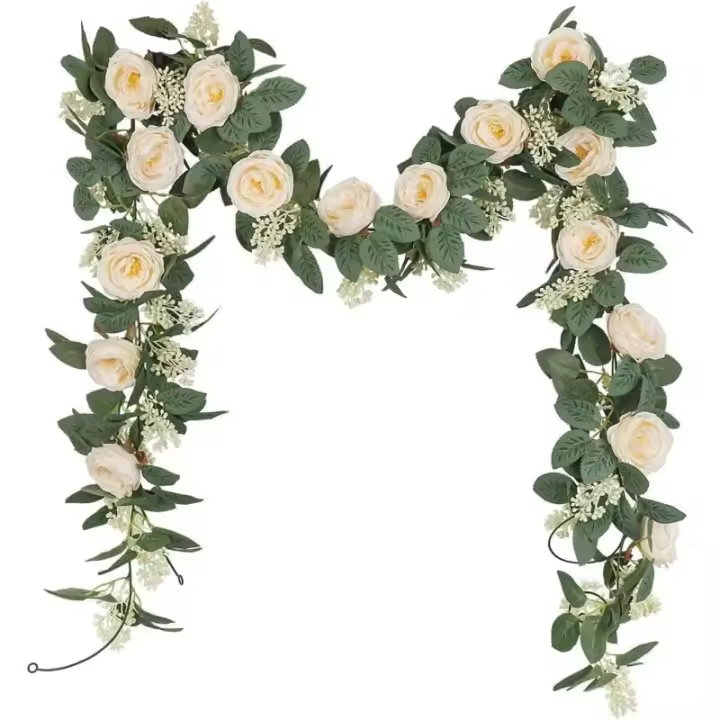 Guirnalda de 2 rosas artificiales de té con hojas de hiedra, flores artificiales colgantes para el hogar - 1