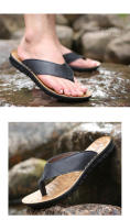 Zapatillas De Verano Para Hombre Sandalias De Cuero Genuino Antideslizantes Planas Flip Flops Calzado De Vacaciones Para Exteriores Negro Caqui - details 1