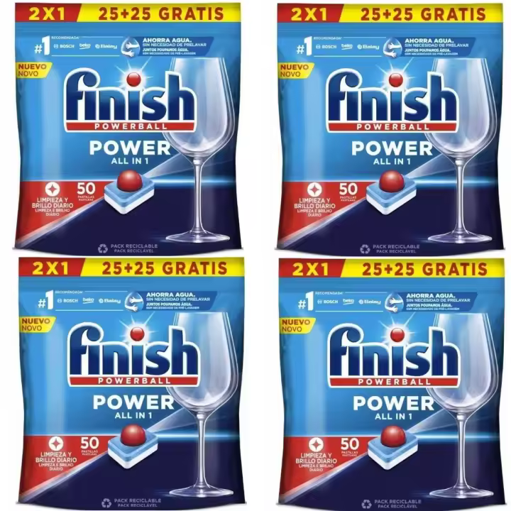 Finish Powerball Todo en 1 50 Pastillas Lavavajillas (Pack Ahorro 4 x 50 - 200 Pastillas) - Lavavajillas Powerball All In 1 Formato Especial, Cápsulas para lavado a máquina, actúa de forma rápida para una potente limpieza, Potente poder desengrasante - 1