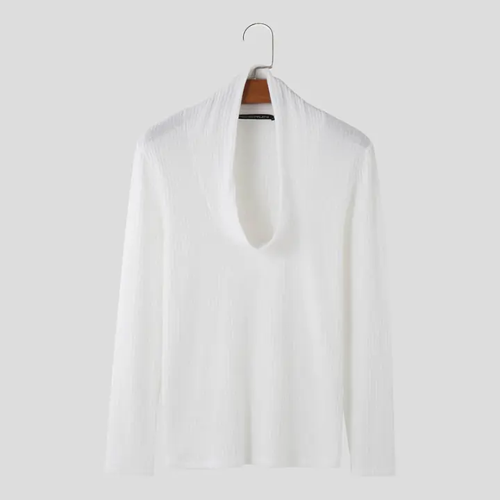 Camiseta De Hombre INCERUN Color Sólido Cuello Alto Manga Larga Tejida Casual Streetwear Fitness Moda Masculina Top - 1