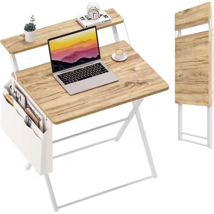 Escritorio Plegable con Soporte de Monitor, 60cm Pequeño Mesa de Oficina con Gancho, Moderno Escritorio con Bolsa de Almacenamiento para Estudio - 1