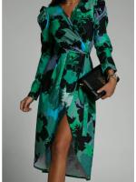 Vestido De Mujer Moda Cuello En V Manga Larga Estampado Cintura Ajustable Falda Asimétrica Abertura Frontal Largo Hasta El Tobillo Para Banquete Y Reuniones - details 4