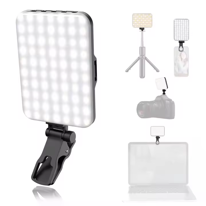 Video recargable 60 LED de alta potencia iPhone con clip frontal trasero 3 modos de luz estables para maquillaje y selfie - 1