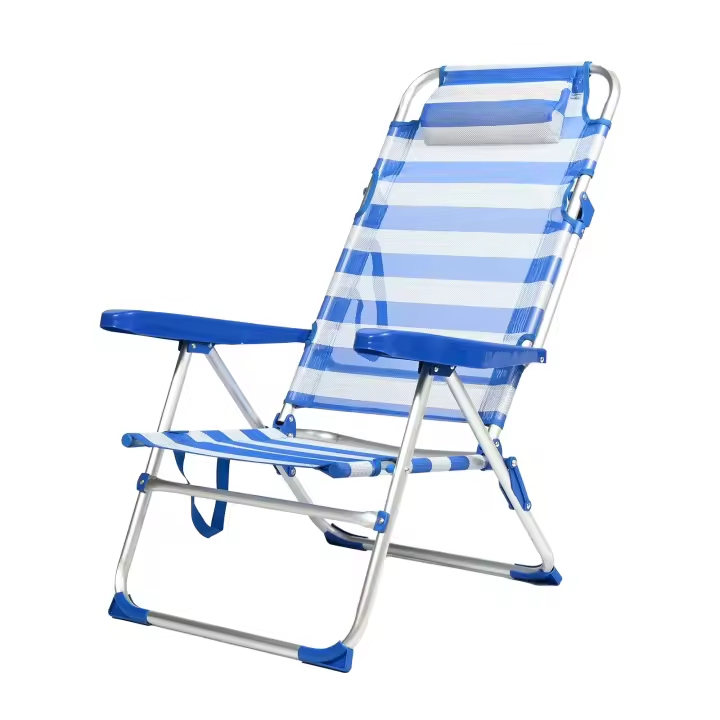 Silla Plegable de Playa, Sillón Portátil Respaldo Ajustable con Cojín Acolchado, Silla Ligera Multiposiciones Ideal para Jardín Beach Piscina, Silla Exterior Resistente con Apoyabrazos al Aire Libre, Color Puro / Estampado a Rayas - 1