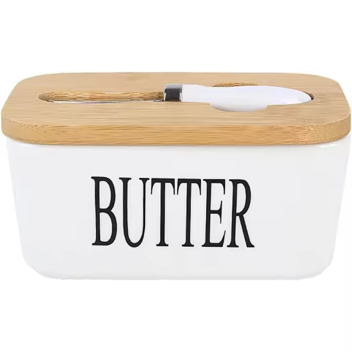 Tarro de Mantequilla Cerámica de Vidrio con tapa de Madera Caja de Mantequilla natural con sello TAPA DE Madera con Cuchillo de Mantequilla - 1