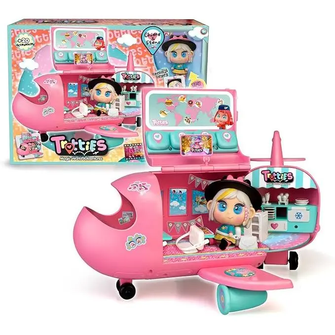 Trotties - Avión de Chiara, Avión Rosa de Juguete y Muñeca Mini, 20 Accesorios, Pegatinas y Varios Espacios y Modos de Juego, Desde 3 años, Famosa - 1