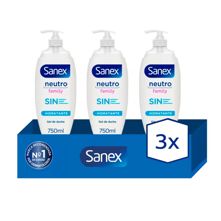Gel de Ducha Sanex Neutro Family Pump 750ml Pack de 3 | Cuidado para Toda la Familia. Cuidado suave para la piel de toda la familia. - 1