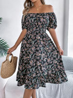 Vestido Elegante De Primavera Y Verano Para Mujer Con Estampado Floral Cuello Cuadrado Manga Corta Volante Al Borde Vestido A-Line De Rodilla Casual - details 0