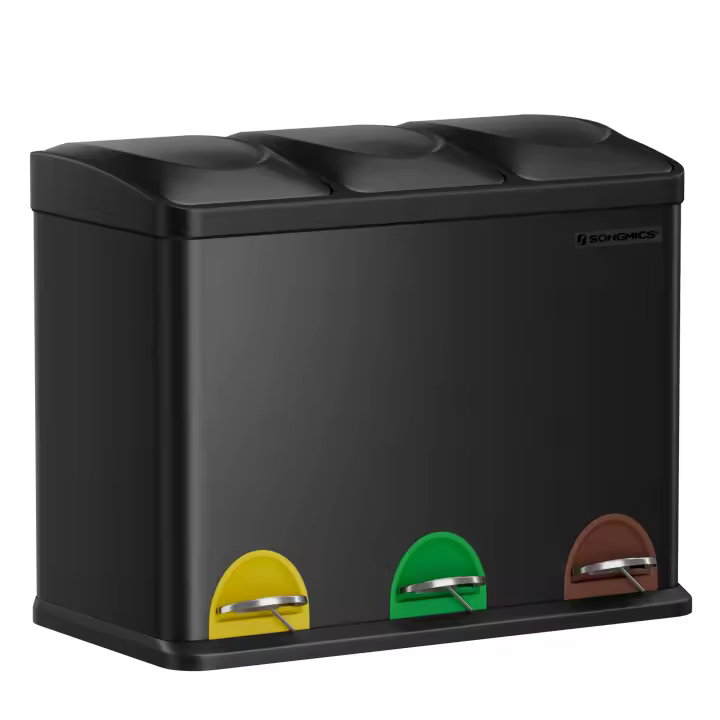 SONGMICS Cubo Triple para Cocina, Cubo Basura de Reciclaje, Pedal, Cubo de Basura de Metal 45 L, Sistema de Separación de Residuos Cubo para Cocina, 3 x 15 L, con Tapa, Acero, Plata/Blanco/Negro/Gris Verdoso - 1