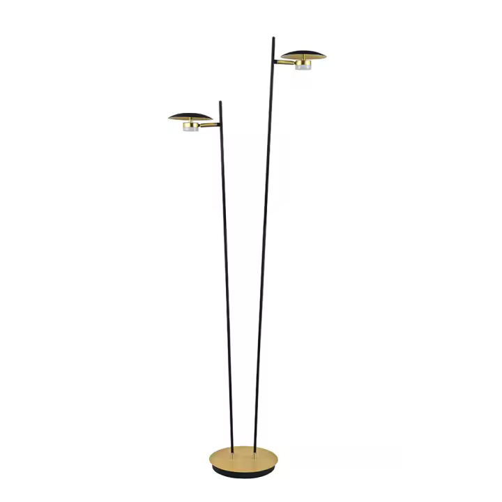 Pie de salón de dos luces, CIUDAD DEL CABO de color NEGRO/ORO. Se compone de dos brazos DIRIGIBLES, realizados en metal, que nacen de una base central, con una especie de pantallas también metálicas que coronan los focos ORIENTABLES, pudiéndose dirigirse. - 1