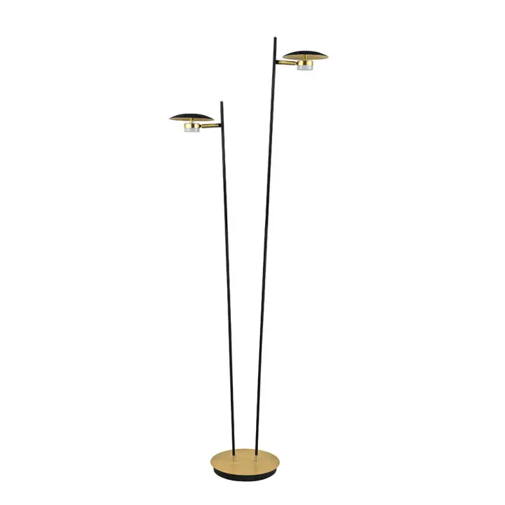 Pie de salón de dos luces, CIUDAD DEL CABO de color NEGRO/ORO. Se compone de dos brazos DIRIGIBLES, realizados en metal, que nacen de una base central, con una especie de pantallas también metálicas que coronan los focos ORIENTABLES, pudiéndose dirigirse. - 1