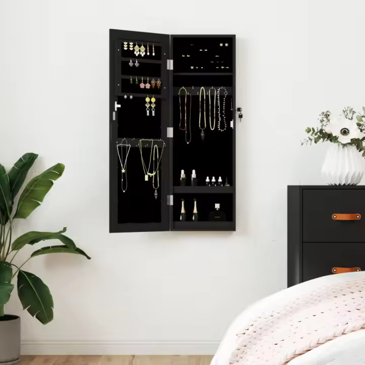 vidaXL Espejo con joyero de pared negro 30x8,5x90 cm - 1