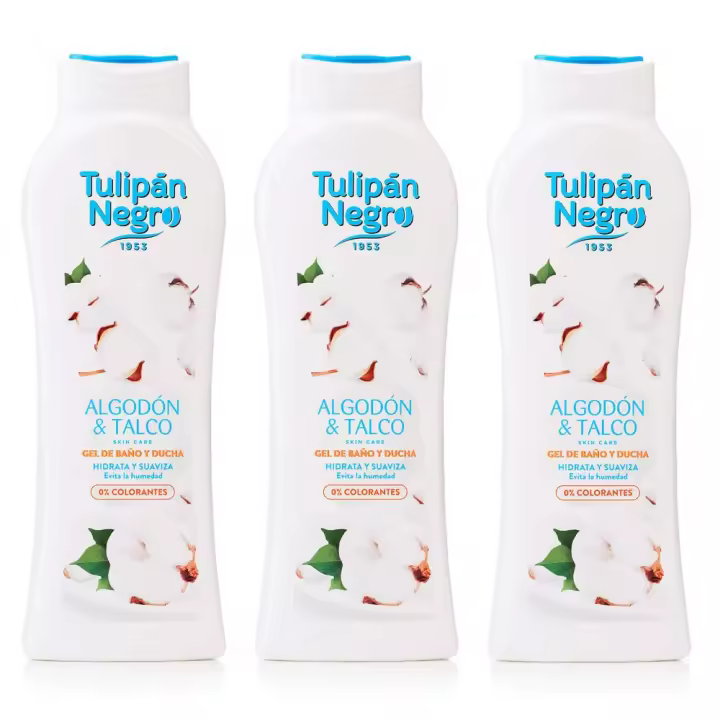 TULIPAN NEGRO, Gel de Baño y Ducha Algodón y Talco 650ml (Pack de 3x650ml), Tulipán Negro De la Línea Skin Care, Máxima Hidratación y Suavidad para tu piel, Con Propiedades Regeneradoras y Nutritivas, Fragancia fresca de Algodon y Talco - 1