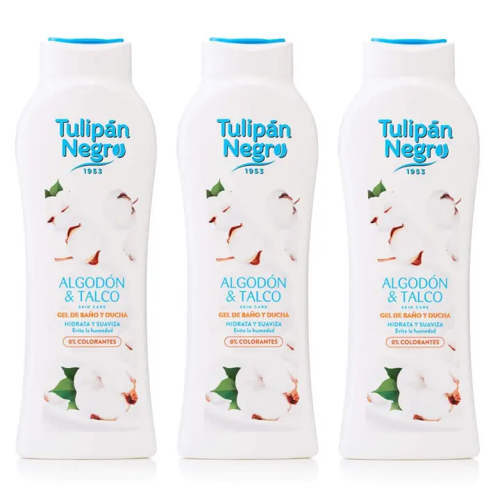 TULIPAN NEGRO, Gel de Baño y Ducha Algodón y Talco 650ml (Pack de 3x650ml), Tulipán Negro De la Línea Skin Care, Máxima Hidratación y Suavidad para tu piel, Con Propiedades Regeneradoras y Nutritivas, Fragancia fresca de Algodon y Talco - 1